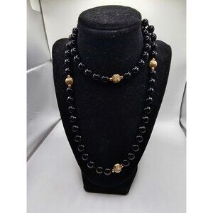 Vintage estate Black Beaded‎ Necklace With Gold-Tone Accents - Elegant Statement